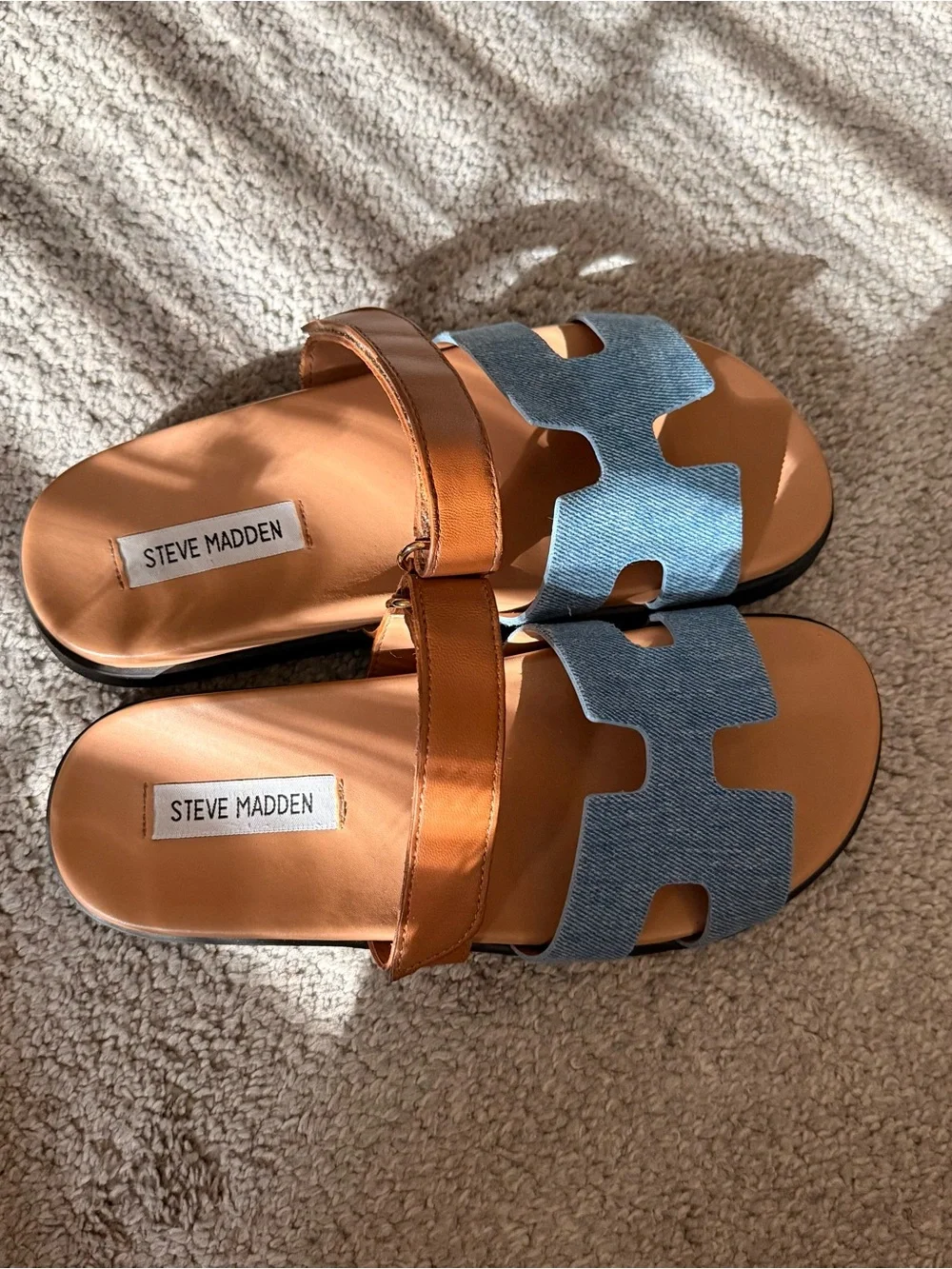 Steve Madden Denim Blue & Tan Leather Strap Slide Sandals